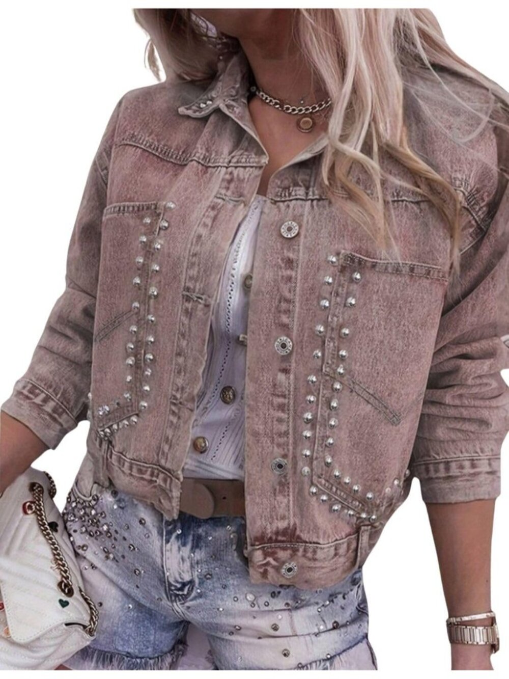 Women's Rust Red Studded Denim Jacket Casual Loose Cropped Jean Coat Long Sleeve